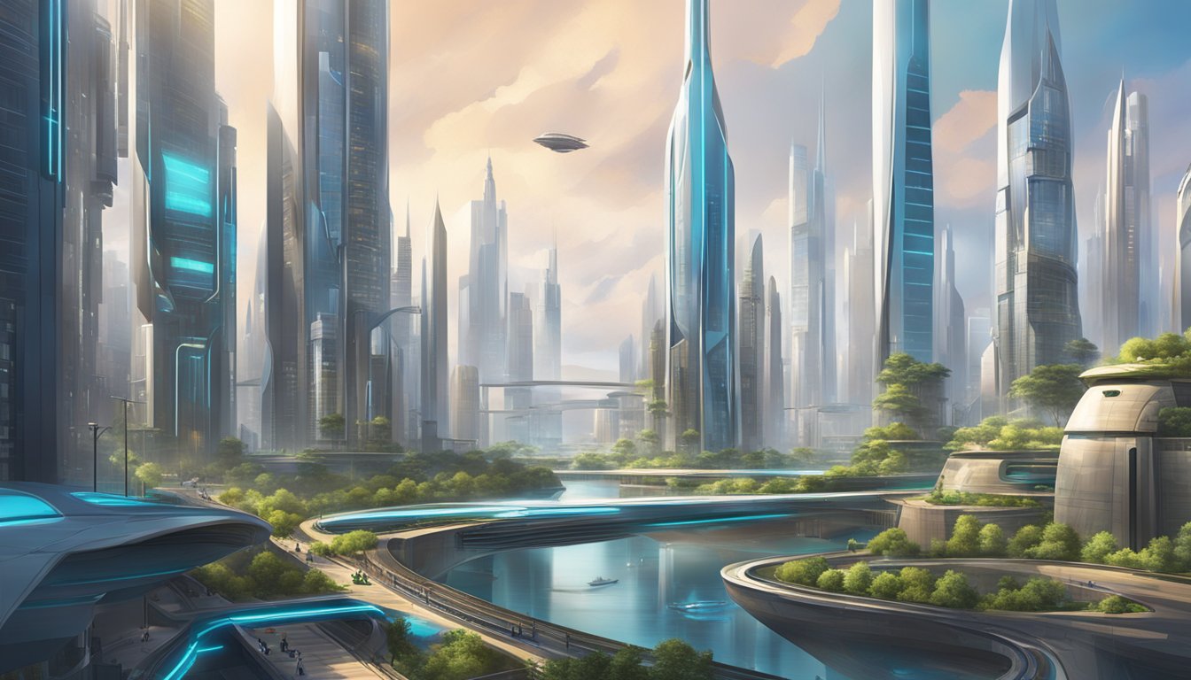 Un paesaggio urbano futuristico con edifici slanciati e imponenti e tecnologia avanzata integrata nel tessuto urbano