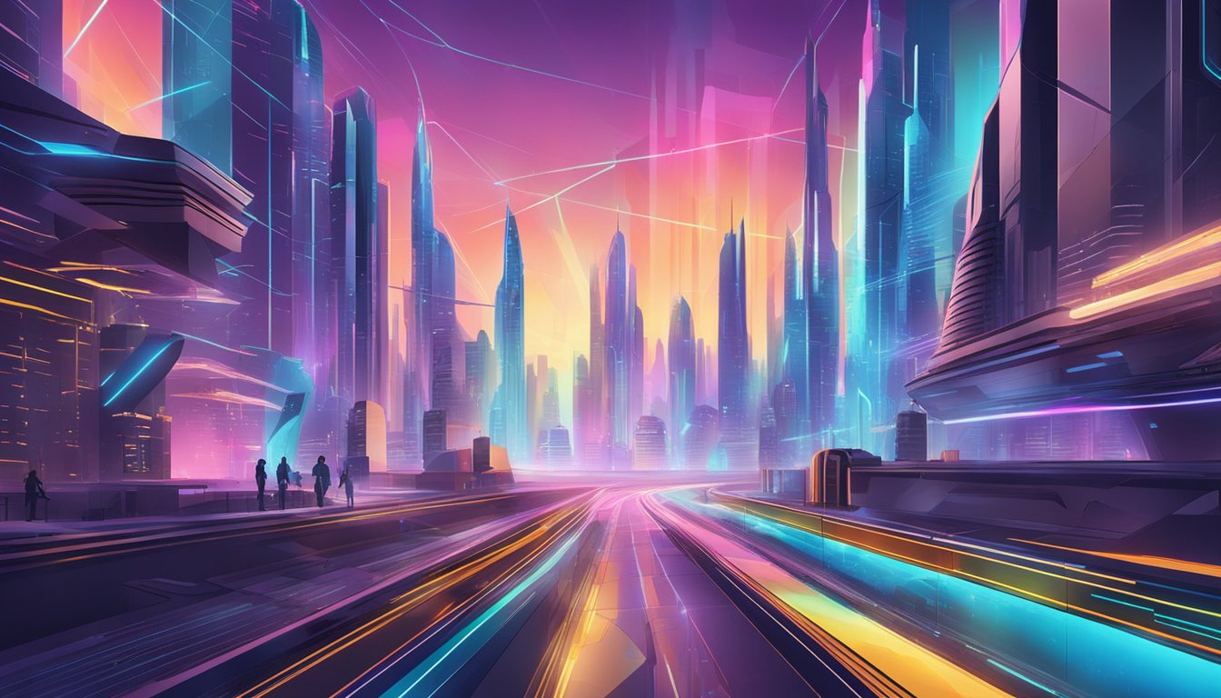 Un paesaggio urbano futuristico con proiezioni olografiche e tecnologia avanzata, ambientato su uno sfondo colorato e dinamico