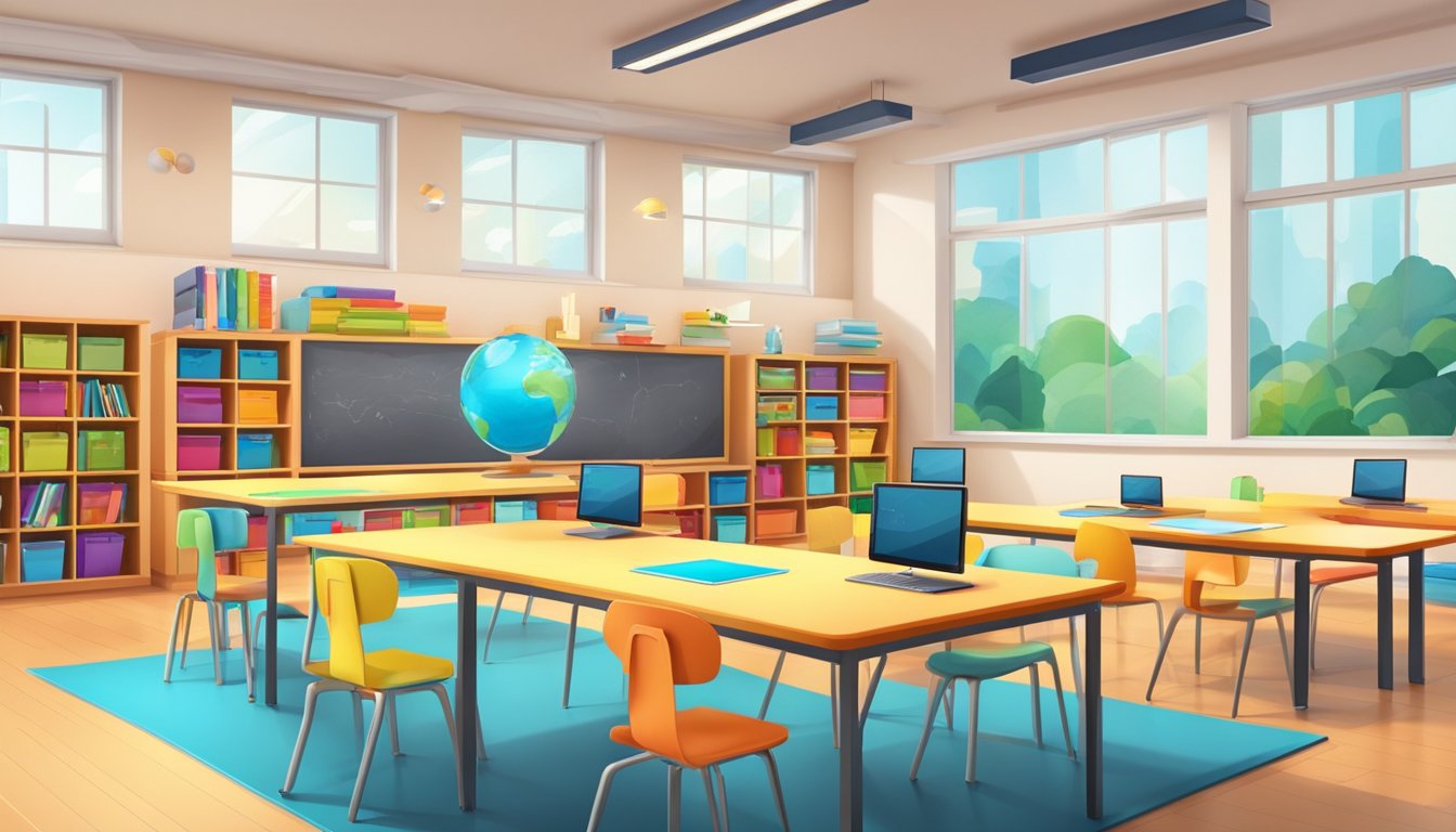 Un'aula moderna con tecnologia interattiva, libri e strumenti educativi. Uno spazio luminoso e accogliente con luce naturale e decorazioni colorate.